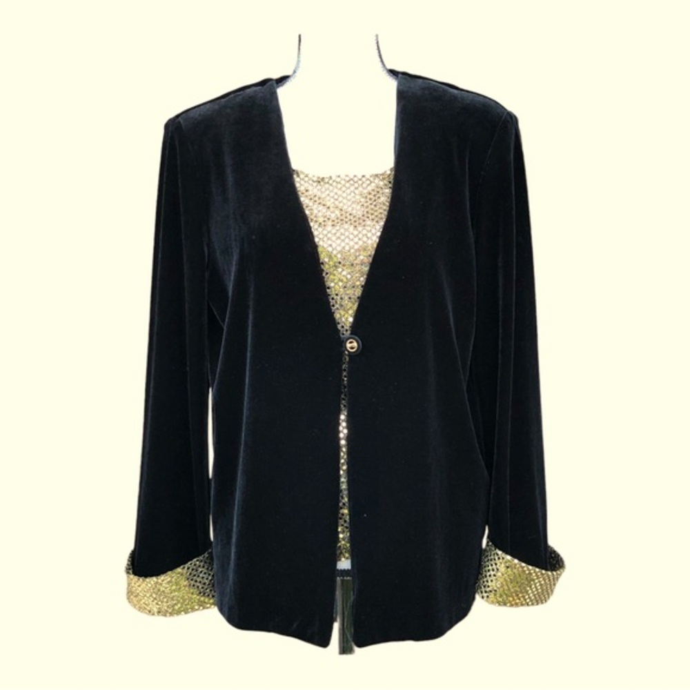 R&K Evening Jacket Top Sequin Long Sleeve‎ Black Gold Velvet Blouse Mediu…